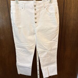 NEW Distressed High-Rise 5 Button Fly Straight Leg Raw Hem Jeans size 16 White
